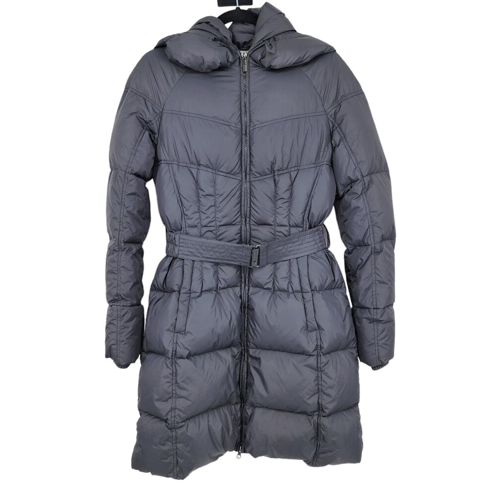 ADD Black Down Puffy Hooded Knee Length Trench Belted Zipper Jacket Size 4